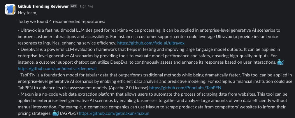 Slack notification showing trending GitHub repositories
