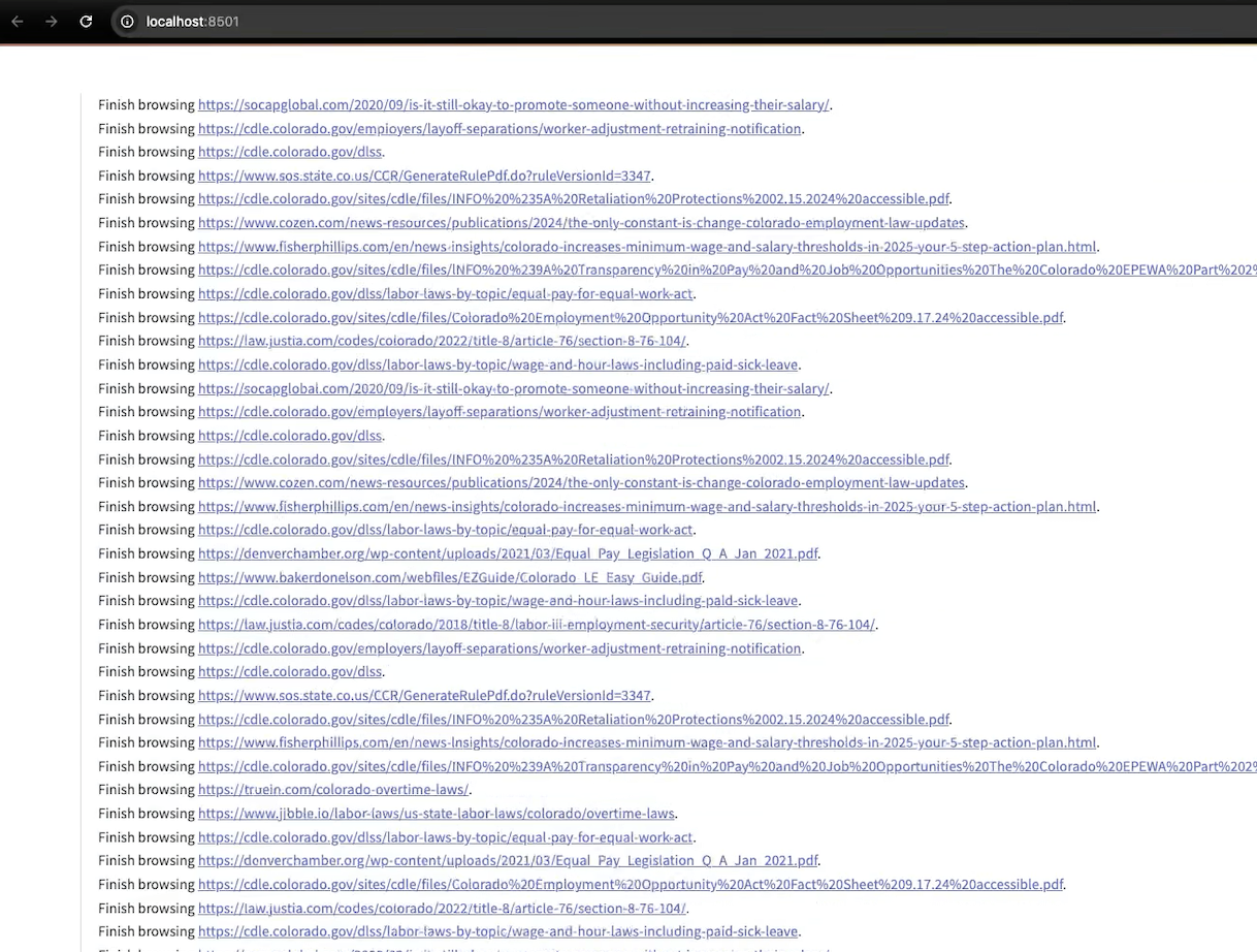 A browser pointed at localhost showing part of hundreds of links browser agentically