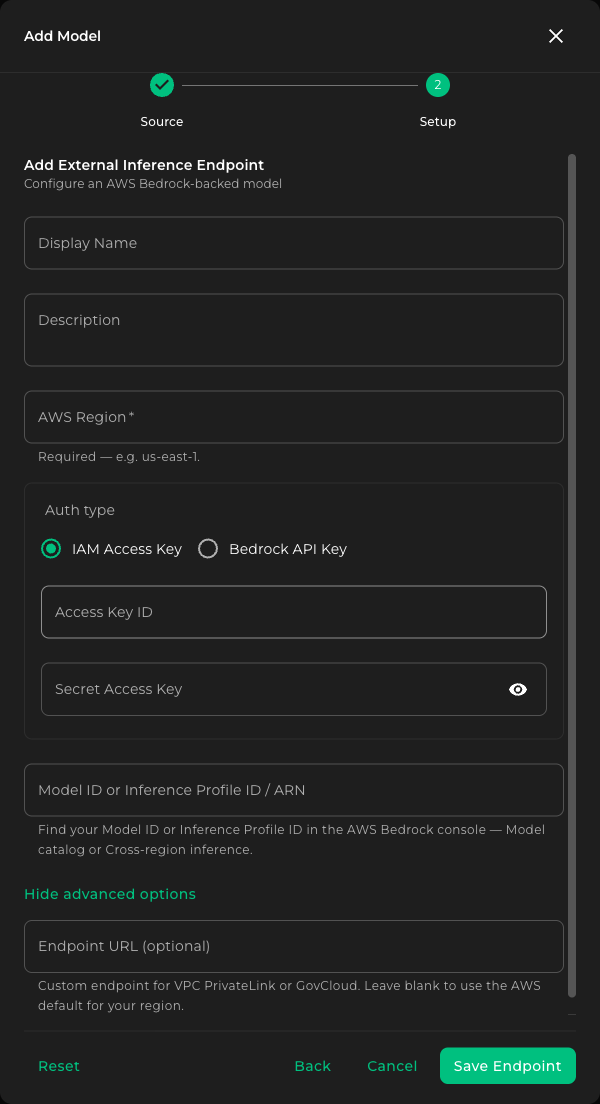 Bedrock Setup with advanced options expanded
