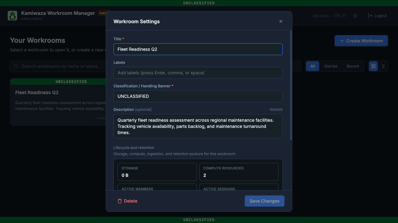 Workroom Settings dialog