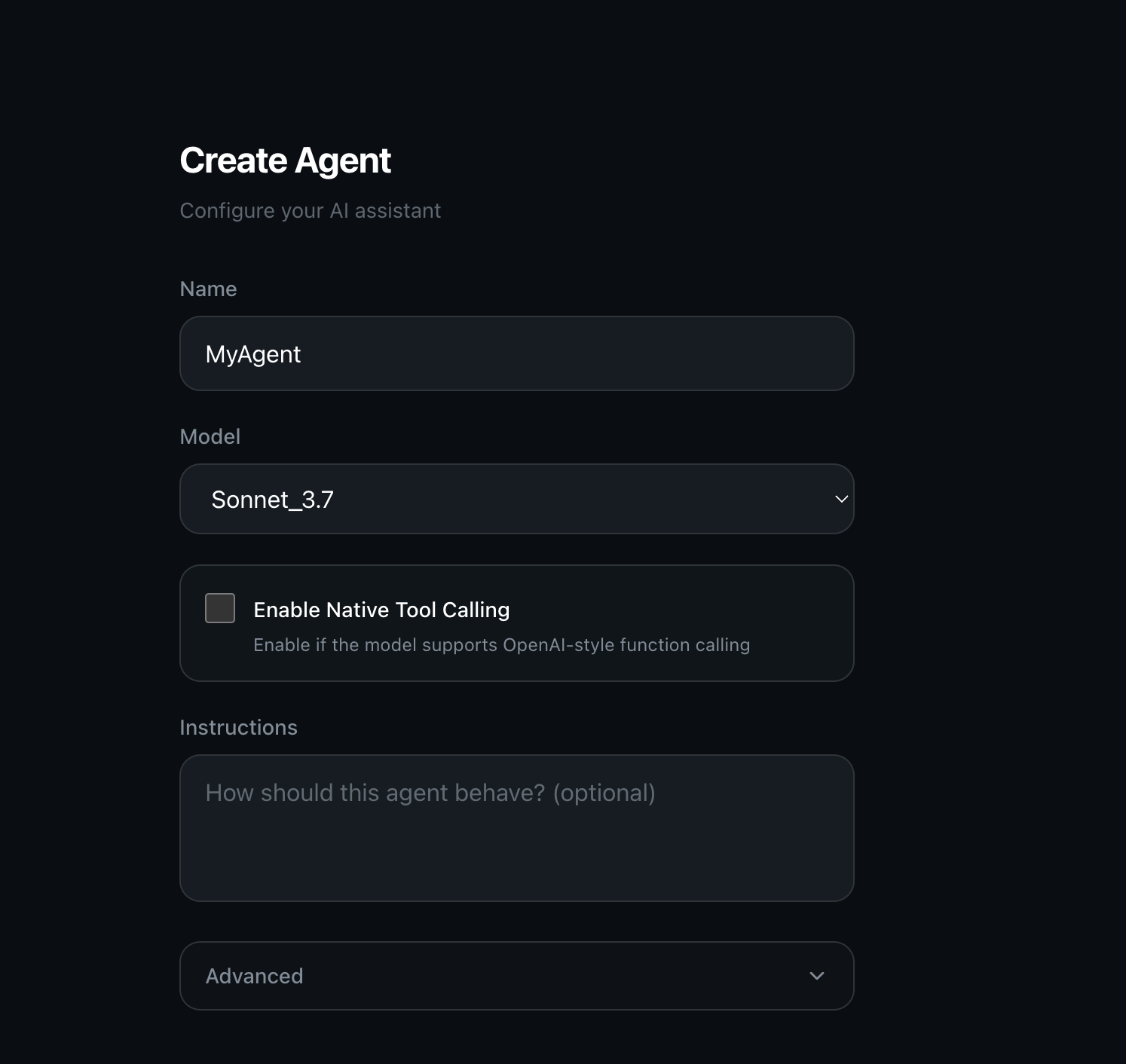 Create Agent form