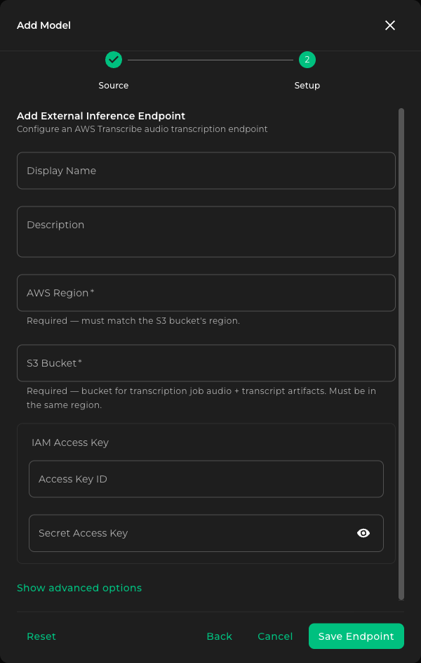 Transcribe Setup form