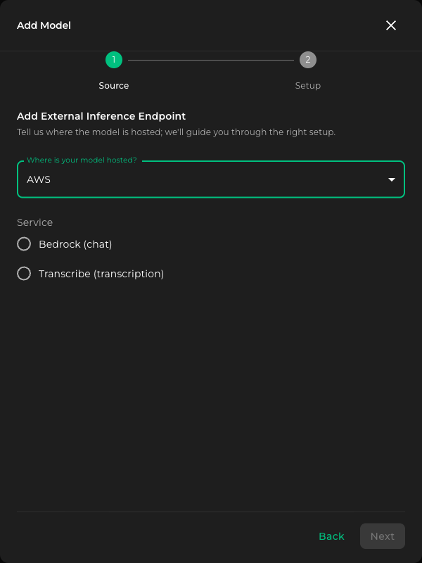 Source step with AWS and Bedrock selected