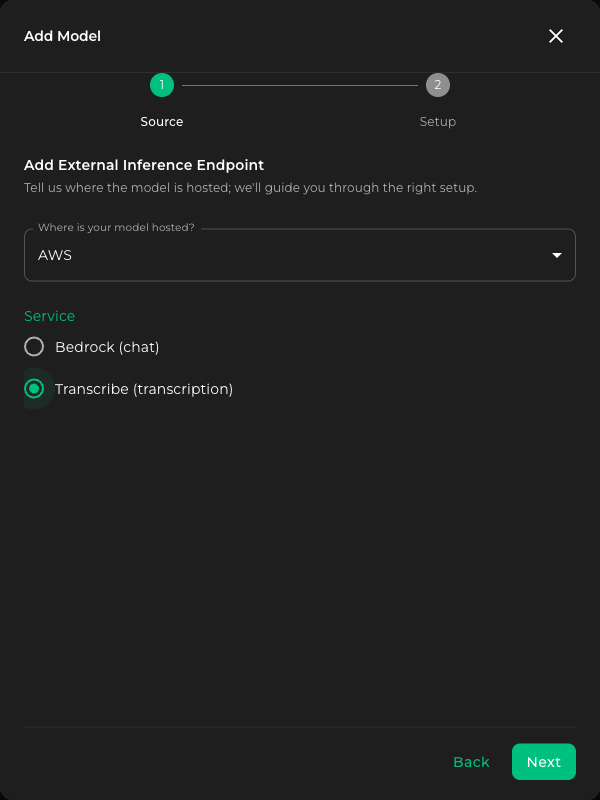 Source step with AWS and Transcribe selected