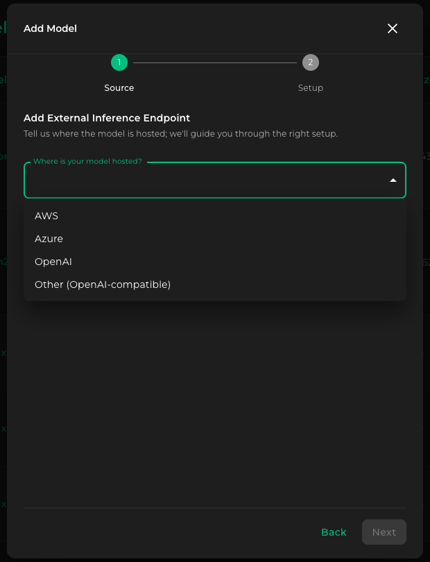 Add Model wizard with the four hosting options